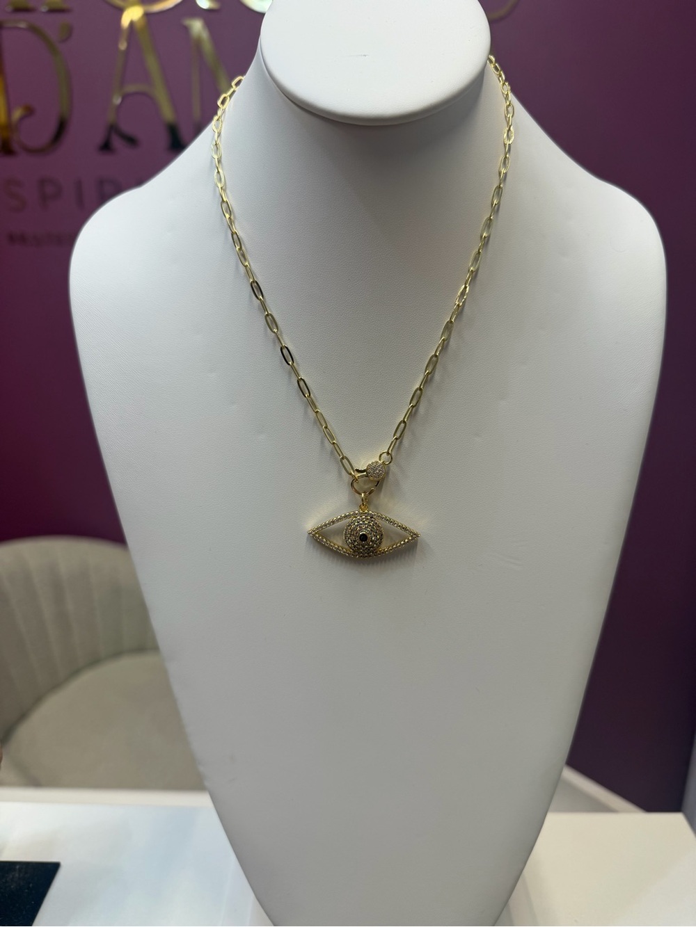 Gold Beaded Necklace with Light Blue Hexagon Pendant and Gold Hamsa Charm - Picture 3 of 3